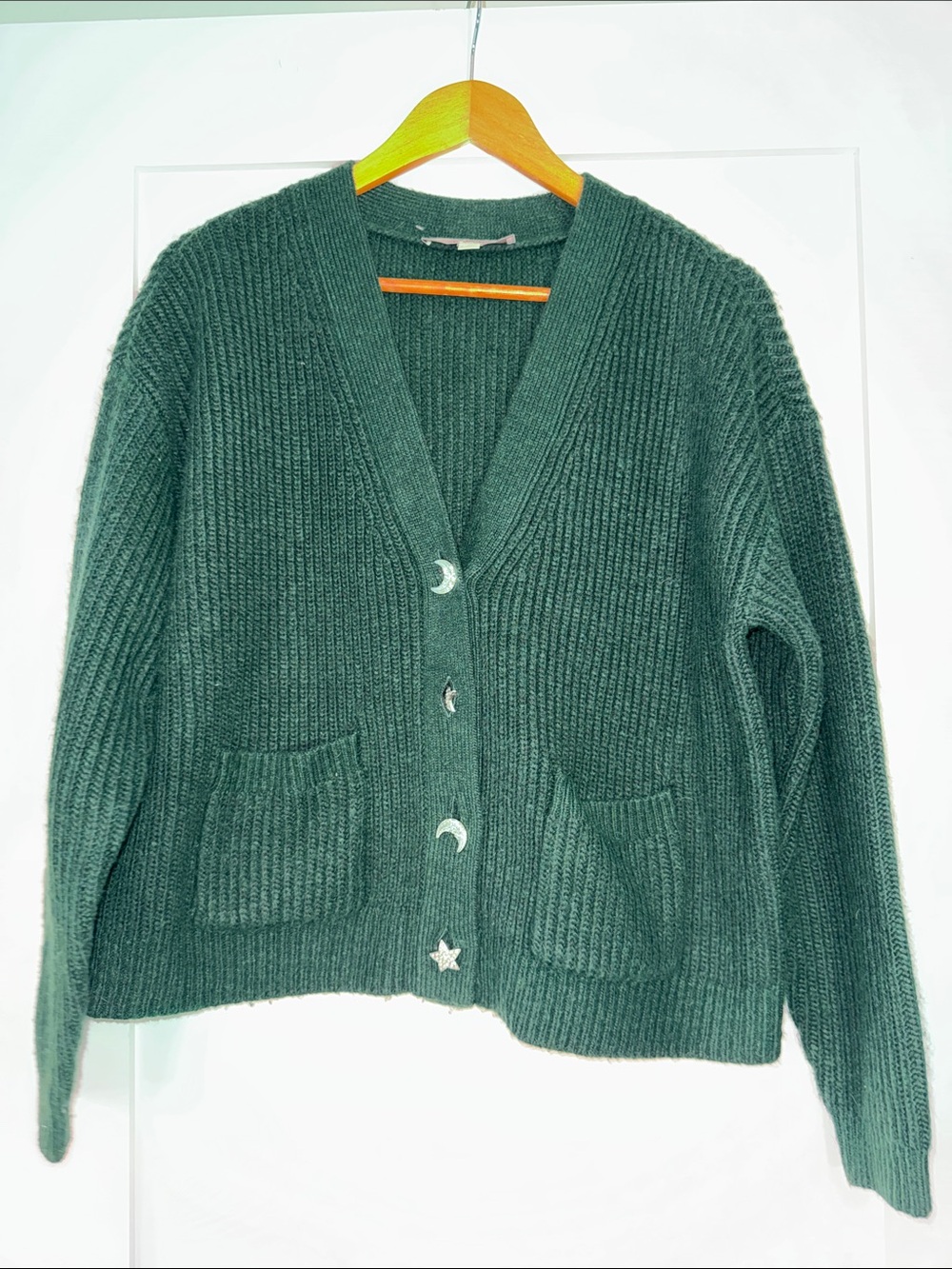 LOFT Dark Green Ribbed Cardigan  Moon & Star Celestial Sz Small twee comfy boxy